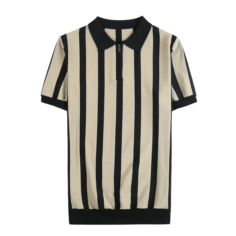 2023 Новая летняя рубашка поло в тонкую полоску с отворотом и наполовину застежкой-молнией, повседневная футболка с коротким рукавом, Высококачественные мужские топы, уличная одежда5