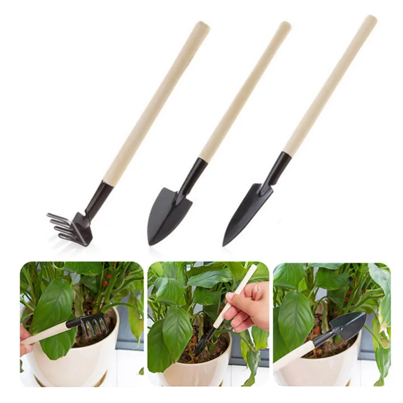 3 шт. Мини-садовых инструментов с деревянной ручкой, лопата для горшечных растений, грабли, лопата, садовые аксессуары0