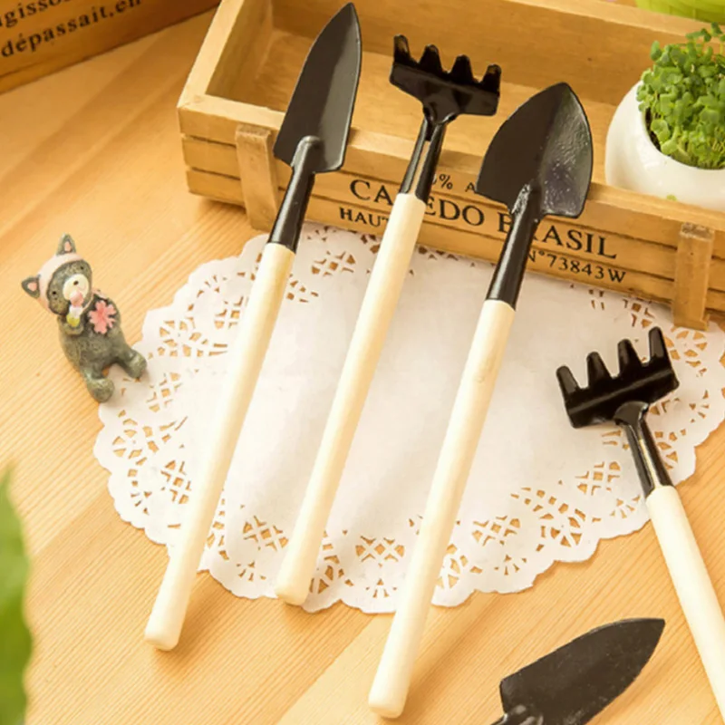 3 шт. Мини-садовых инструментов с деревянной ручкой, лопата для горшечных растений, грабли, лопата, садовые аксессуары2