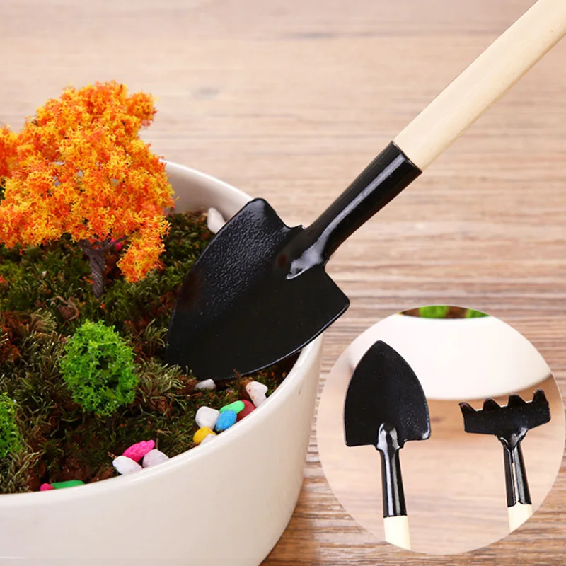 3 шт. Мини-садовых инструментов с деревянной ручкой, лопата для горшечных растений, грабли, лопата, садовые аксессуары5