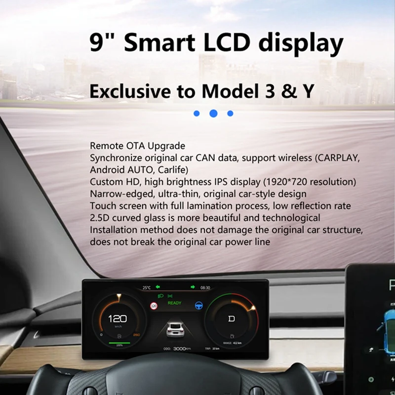 9-дюймовый HD сенсорный экран HUD для Tesla Model 3 Модель Y 2017-2023 Carplay Android AUTO Bluetooth Wifi (для AMD Ryzen + Atom)0