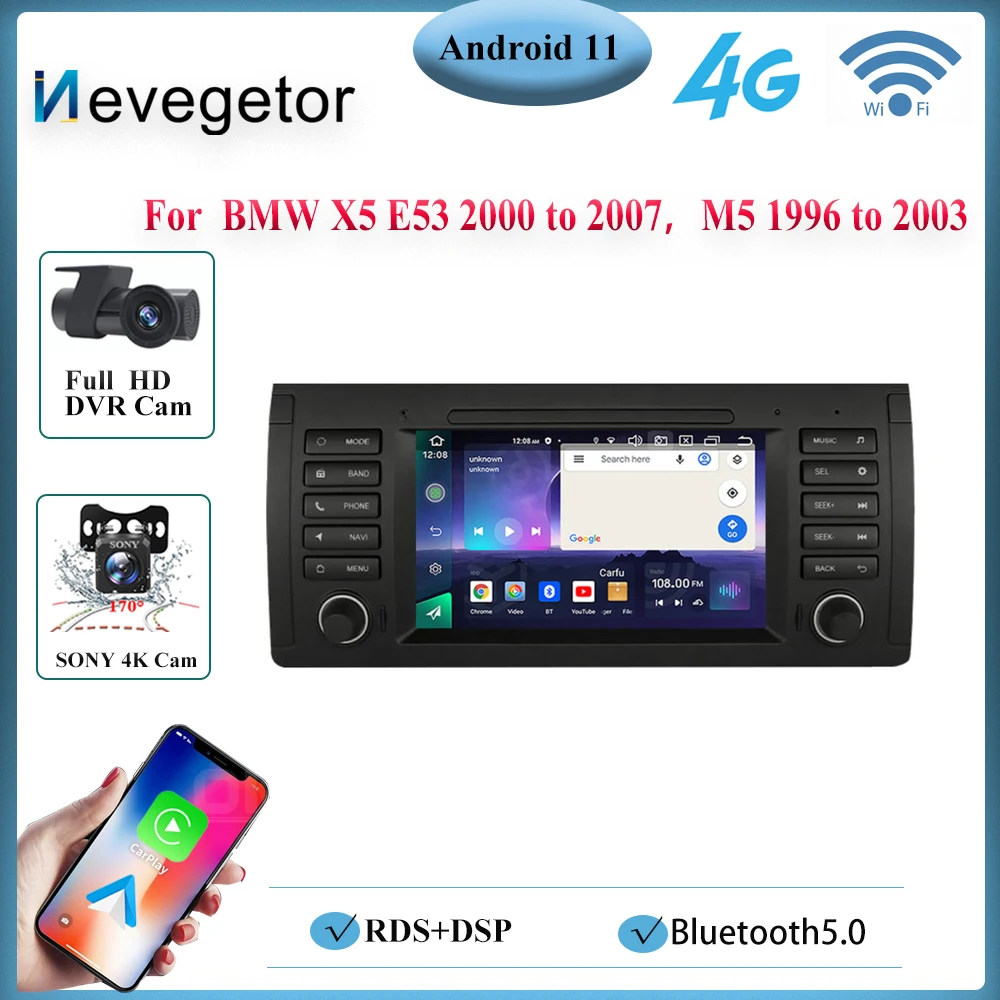 Carplay Android для BMW X5 E53 2000-2007 Для M5 1996 - 2003 Автомобильный DVD GPS Навигационный Видеоплеер Deckless Car Stereo Headuint0