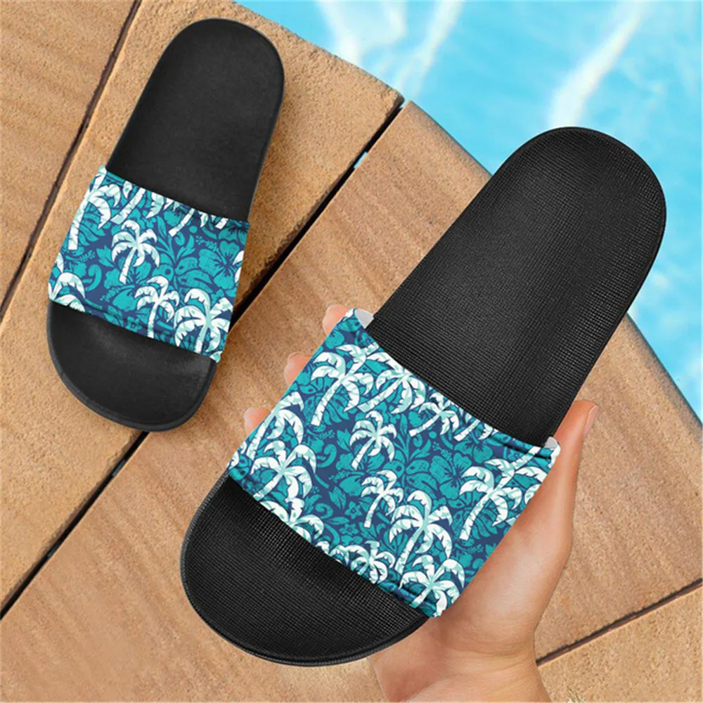 Doginthehole, Гавайи, Женские Летние пляжные сандалии-горки, повседневные женские тапочки, Синий дизайн кокосовой пальмы, уличный флип-флоп 2021 года выпуска0