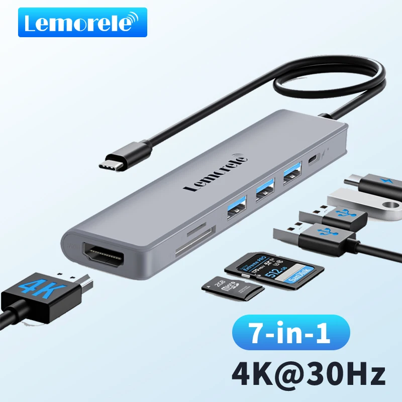 Lemorele TC70 USB C КОНЦЕНТРАТОР Type C 3,0 Док-Станция HDMI 4K @ 30 Гц 100 Вт Слот PD SD/TF Быстрая Передача для Ноутбука Macbook Windows0