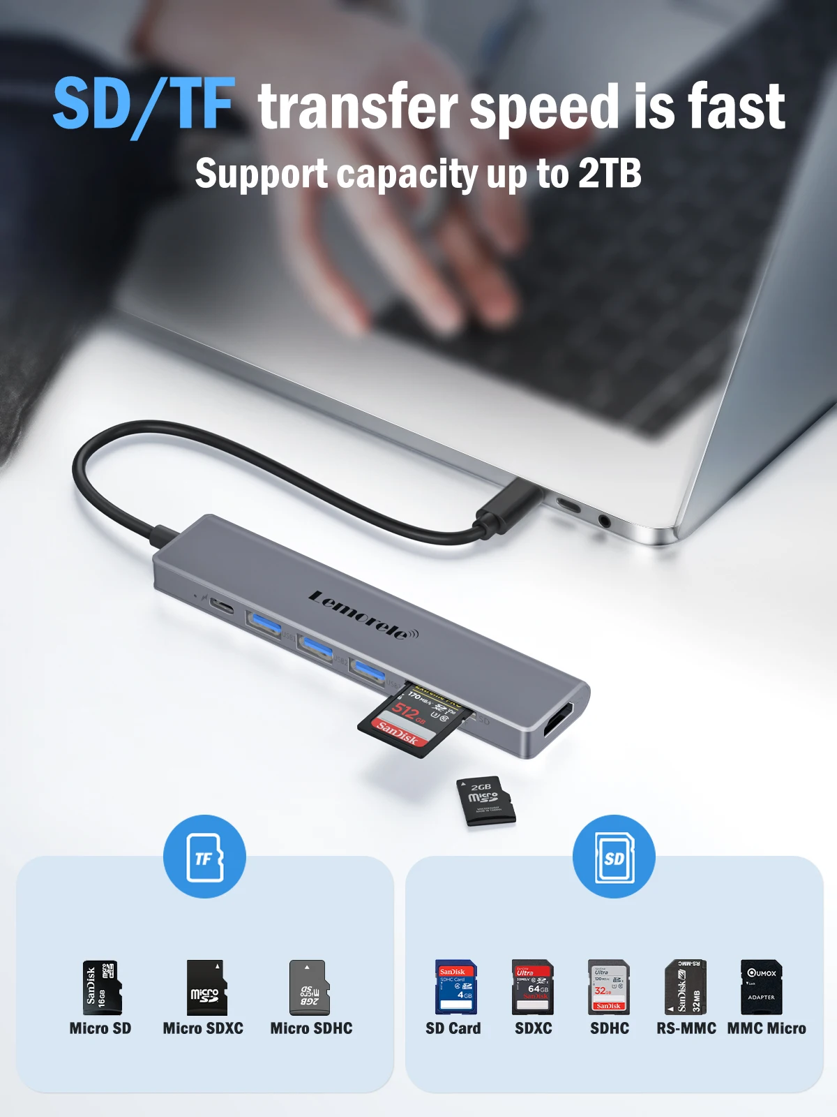Lemorele TC70 USB C КОНЦЕНТРАТОР Type C 3,0 Док-Станция HDMI 4K @ 30 Гц 100 Вт Слот PD SD/TF Быстрая Передача для Ноутбука Macbook Windows4
