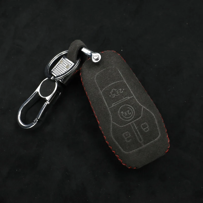 QHCP чехол для ключей от автомобиля, сумка из замшевой кожи, защита дистанционного ключа, 4 кнопки, 5 кнопок ручного шитья, подходит для Ford Mustang 2015-2017 2018-2020 гг.2
