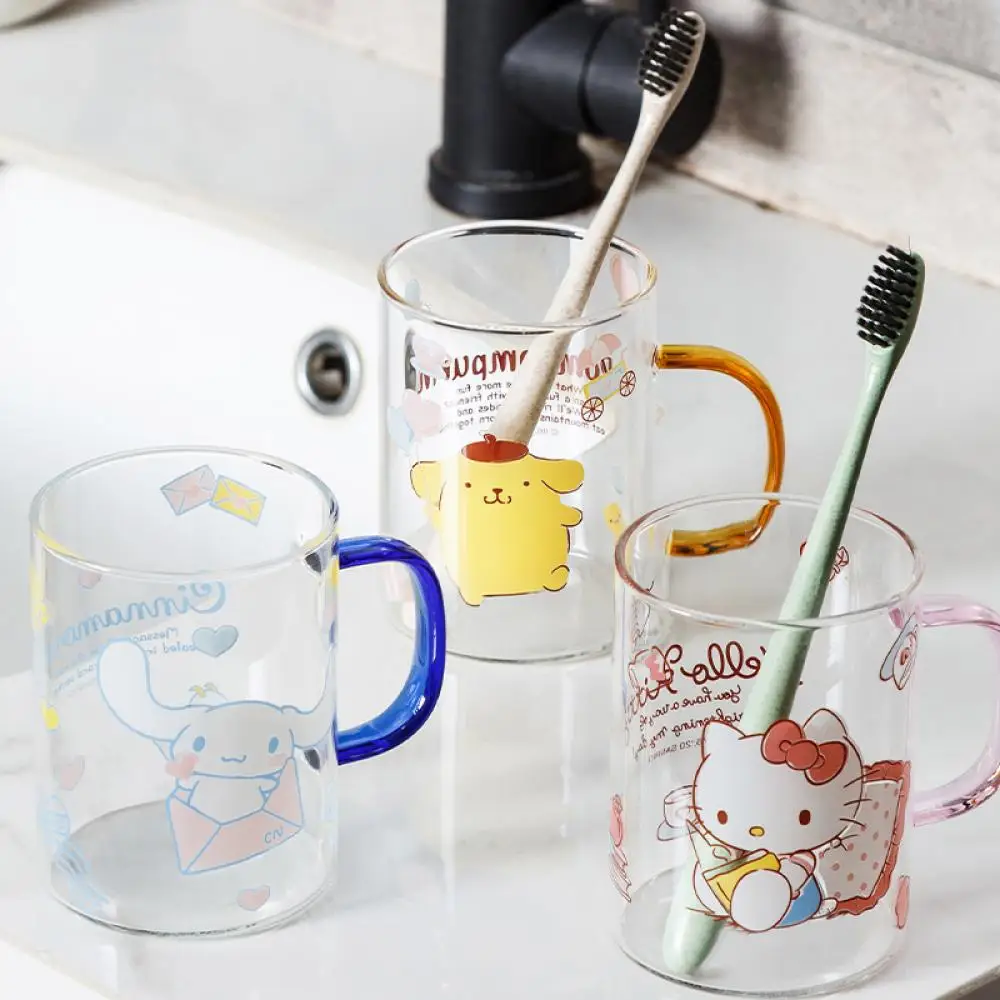 Sanrio Hello Kitty Стеклянная чашка Kawaii Kit Аниме Фигурка Cinnamoroll 380 мл Щетка для мытья зубов Полоскание Горла Домашнее хозяйство Ребенок Студент Симпатичный0
