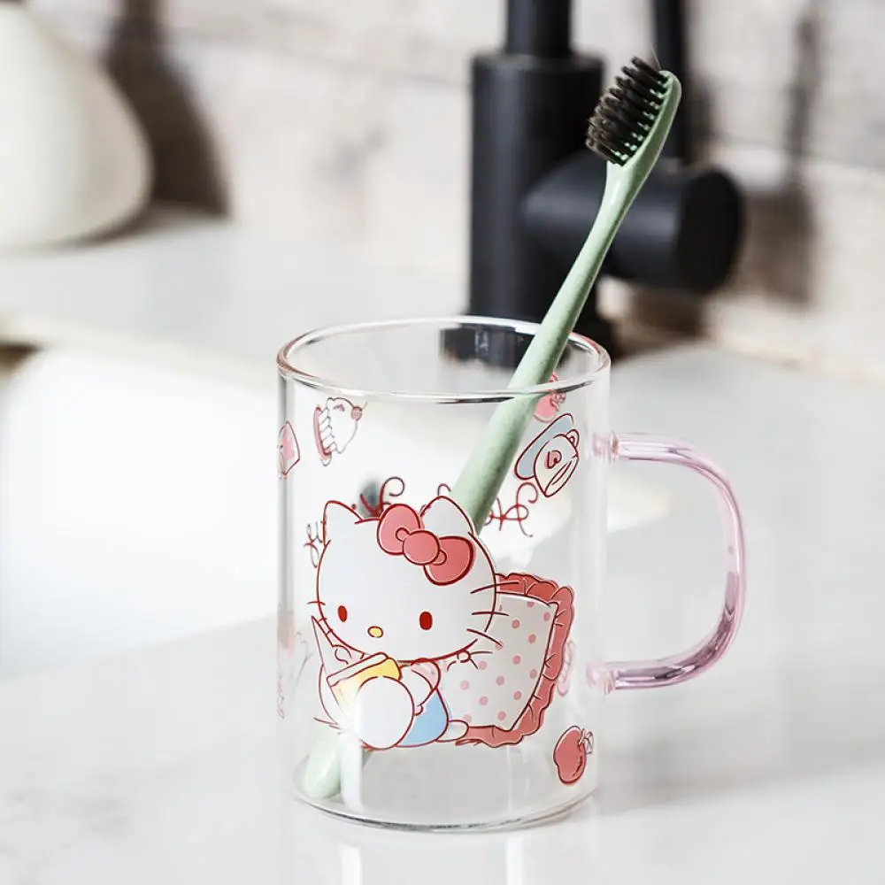 Sanrio Hello Kitty Стеклянная чашка Kawaii Kit Аниме Фигурка Cinnamoroll 380 мл Щетка для мытья зубов Полоскание Горла Домашнее хозяйство Ребенок Студент Симпатичный2