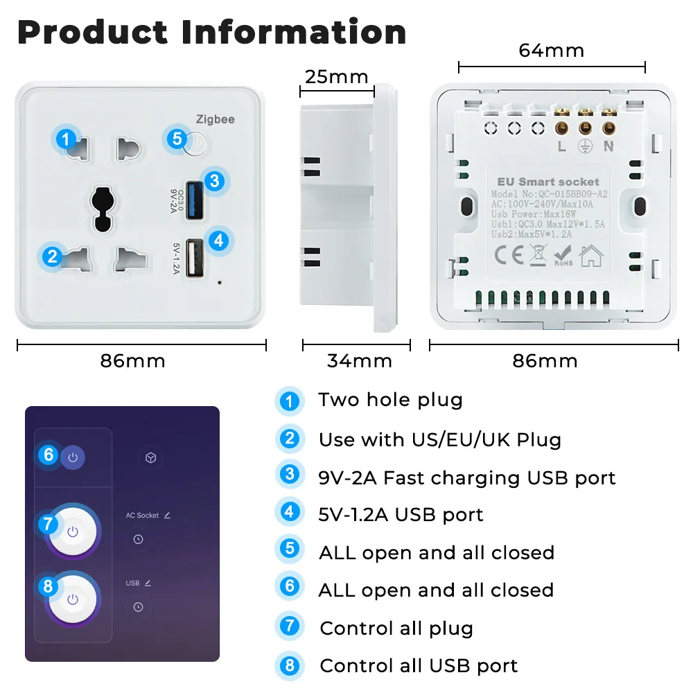 Tuya Zigbee Smart США ЕС Великобритания Розетка 10A USB порт Приложение Голосовое управление Управление таймером Работа с Alexa Google Home5