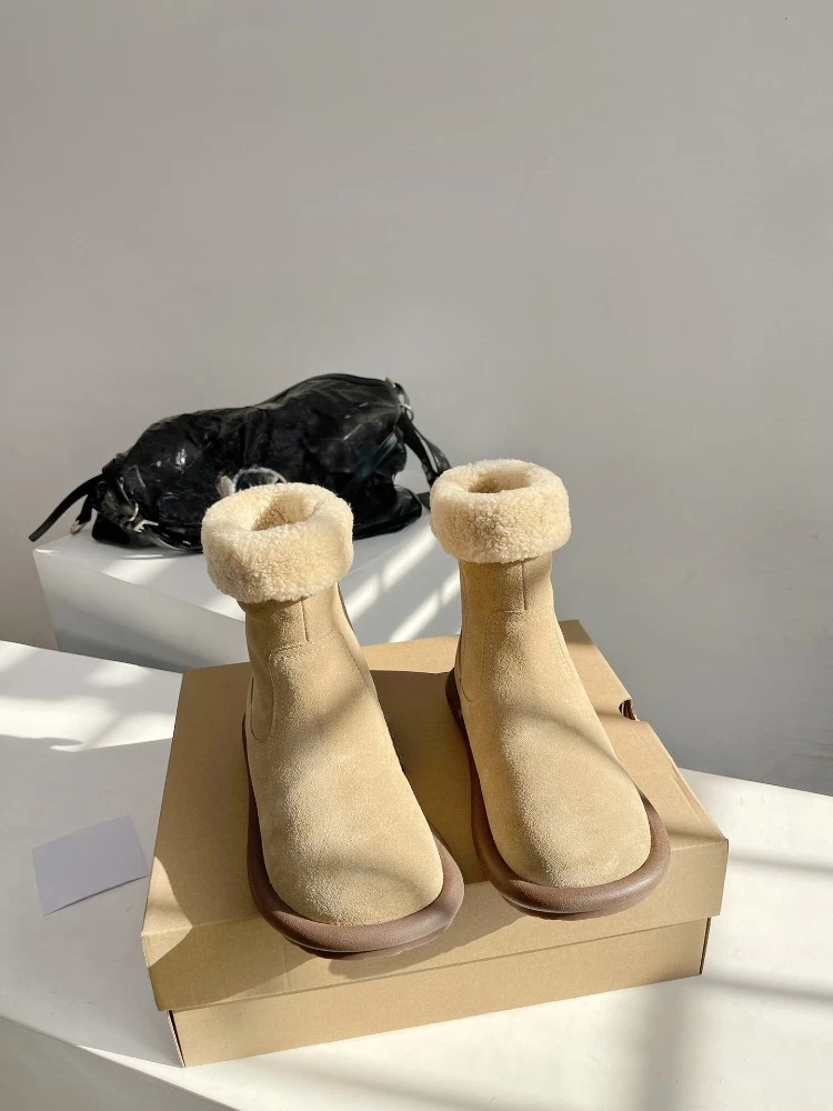 U Бренд 2023, женские зимние ботинки из овечьей шерсти и бархата, сохраняющие тепло, короткие ботильоны на плоской подошве, универсальная зимняя хлопковая обувь в корейском стиле0