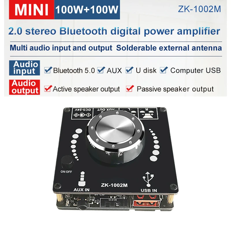 ZK1002M Bluetooth 5.0 AUX USB Аудиовход-Выходной усилитель Модуль аудиоусилителя 100Wx24