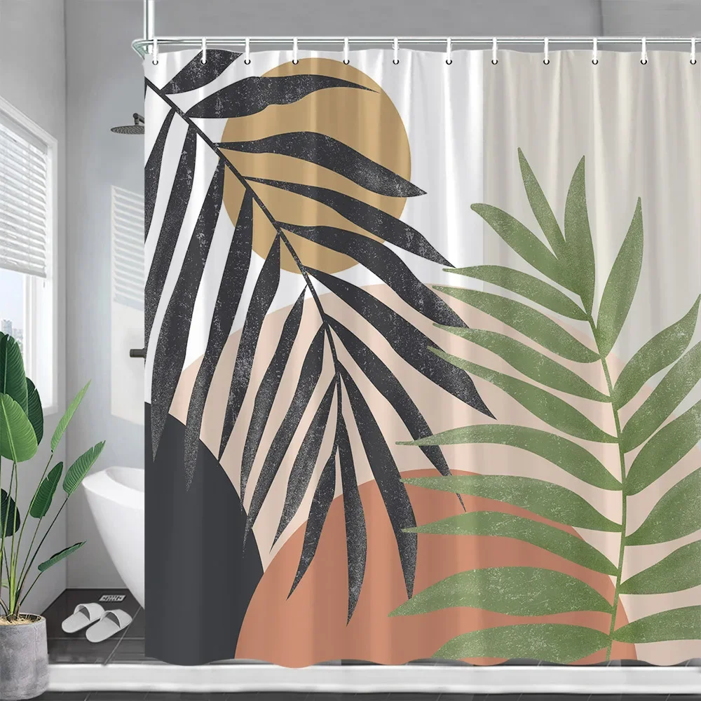 Абстрактные занавески для душа середины века, Черные линии, листья, современная геометрическая ткань для штор в стиле бохо, декор для ванной комнаты с крючками3