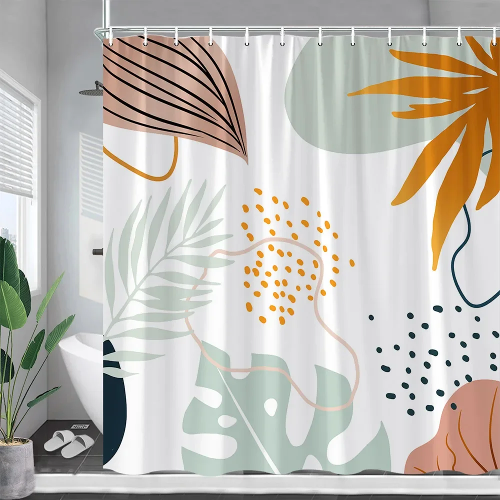 Абстрактные занавески для душа середины века, Черные линии, листья, современная геометрическая ткань для штор в стиле бохо, декор для ванной комнаты с крючками5