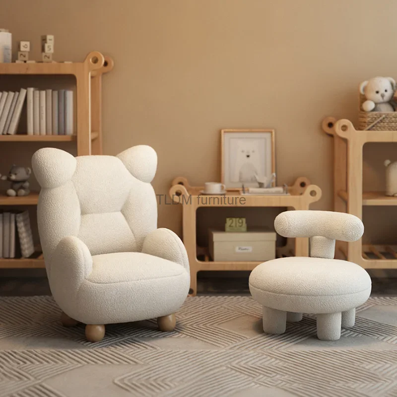 Бархатный крем из ягненка Детский диван-кресло с мишкой Обеденный Милый детский одноместный мультяшный мини-ленивый маленький диван Современная библиотечная мебель0