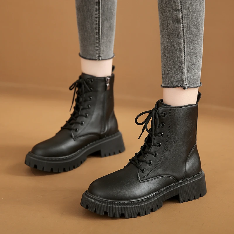 В продаже женская обувь 2023, Новые женские ботинки на шнуровке, зимние хлопковые теплые водонепроницаемые модные ботинки на платформе с круглым носком и короткой бочкой0