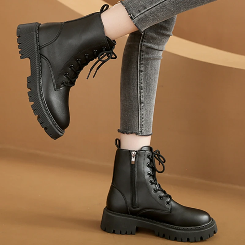 В продаже женская обувь 2023, Новые женские ботинки на шнуровке, зимние хлопковые теплые водонепроницаемые модные ботинки на платформе с круглым носком и короткой бочкой2
