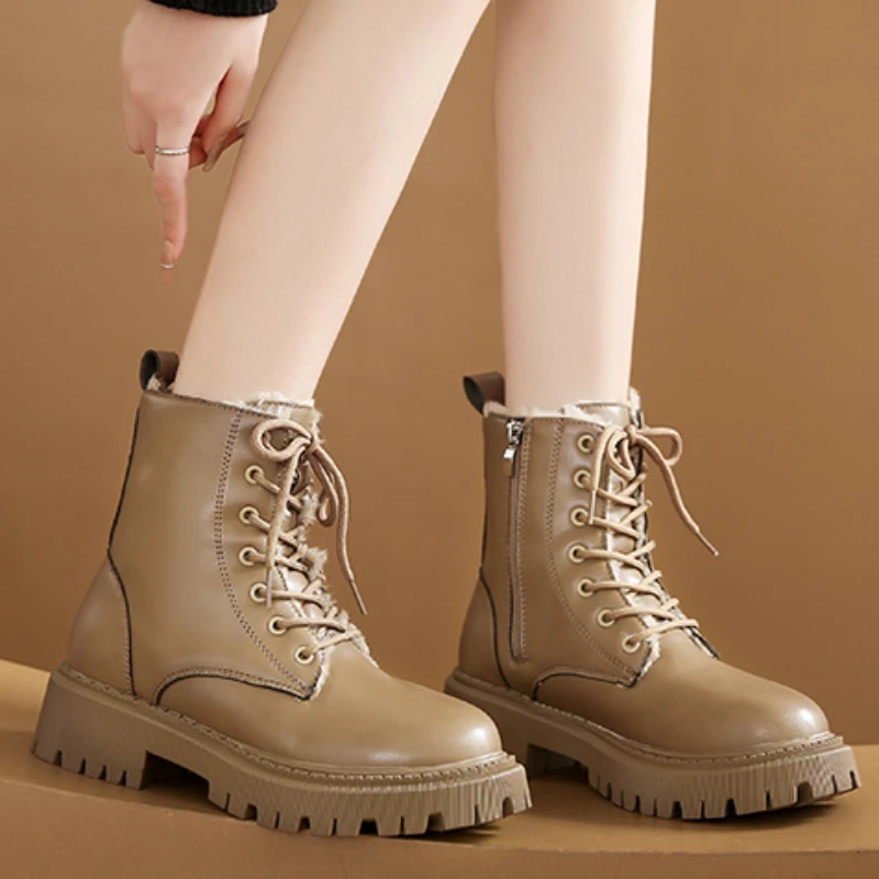 В продаже женская обувь 2023, Новые женские ботинки на шнуровке, зимние хлопковые теплые водонепроницаемые модные ботинки на платформе с круглым носком и короткой бочкой3