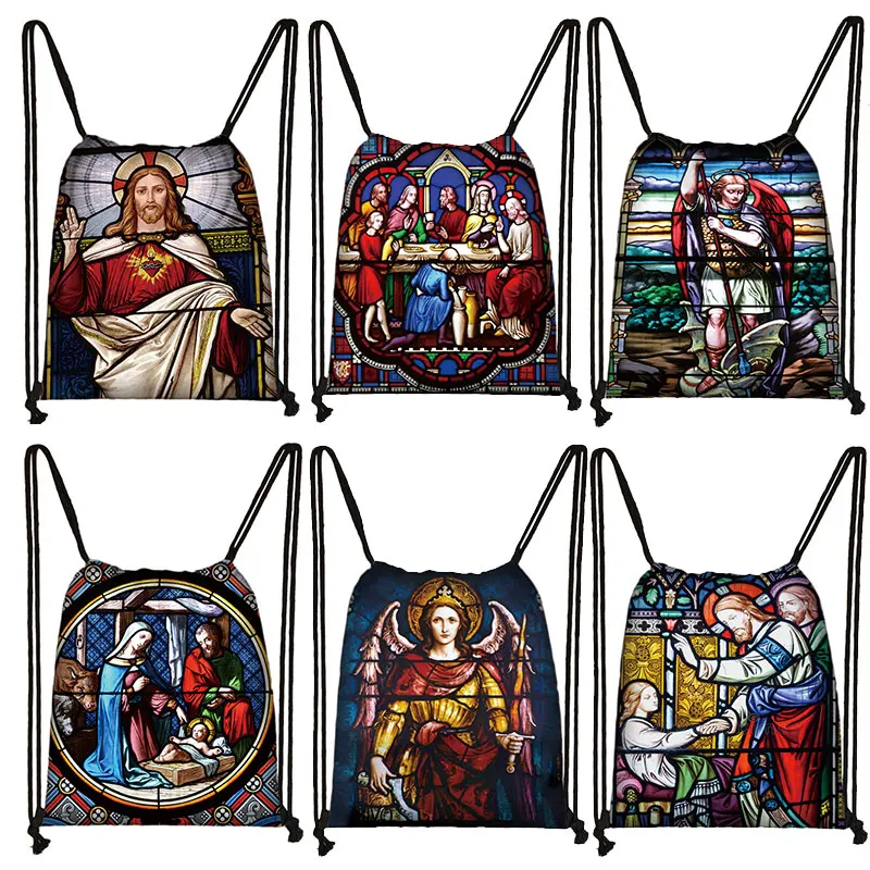 Винтажная картина с принтом Иисуса, комплект с карманом, женская сумка на шнурке, сумки для хранения для отдыха, подростковый рюкзак, школьный рюкзак с принтом Ангела0