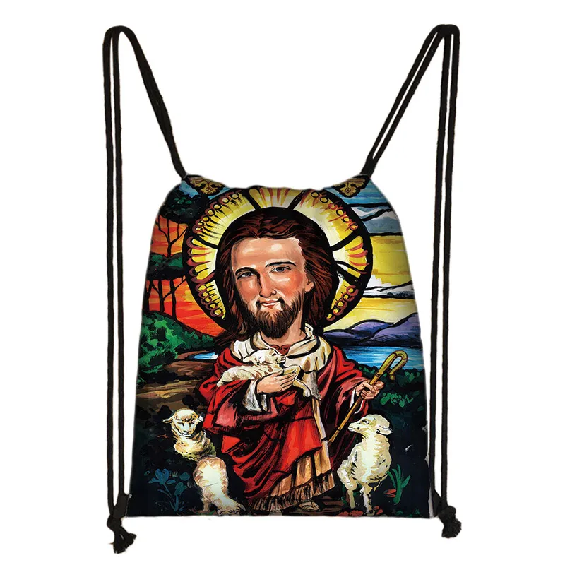 Винтажная картина с принтом Иисуса, комплект с карманом, женская сумка на шнурке, сумки для хранения для отдыха, подростковый рюкзак, школьный рюкзак с принтом Ангела2
