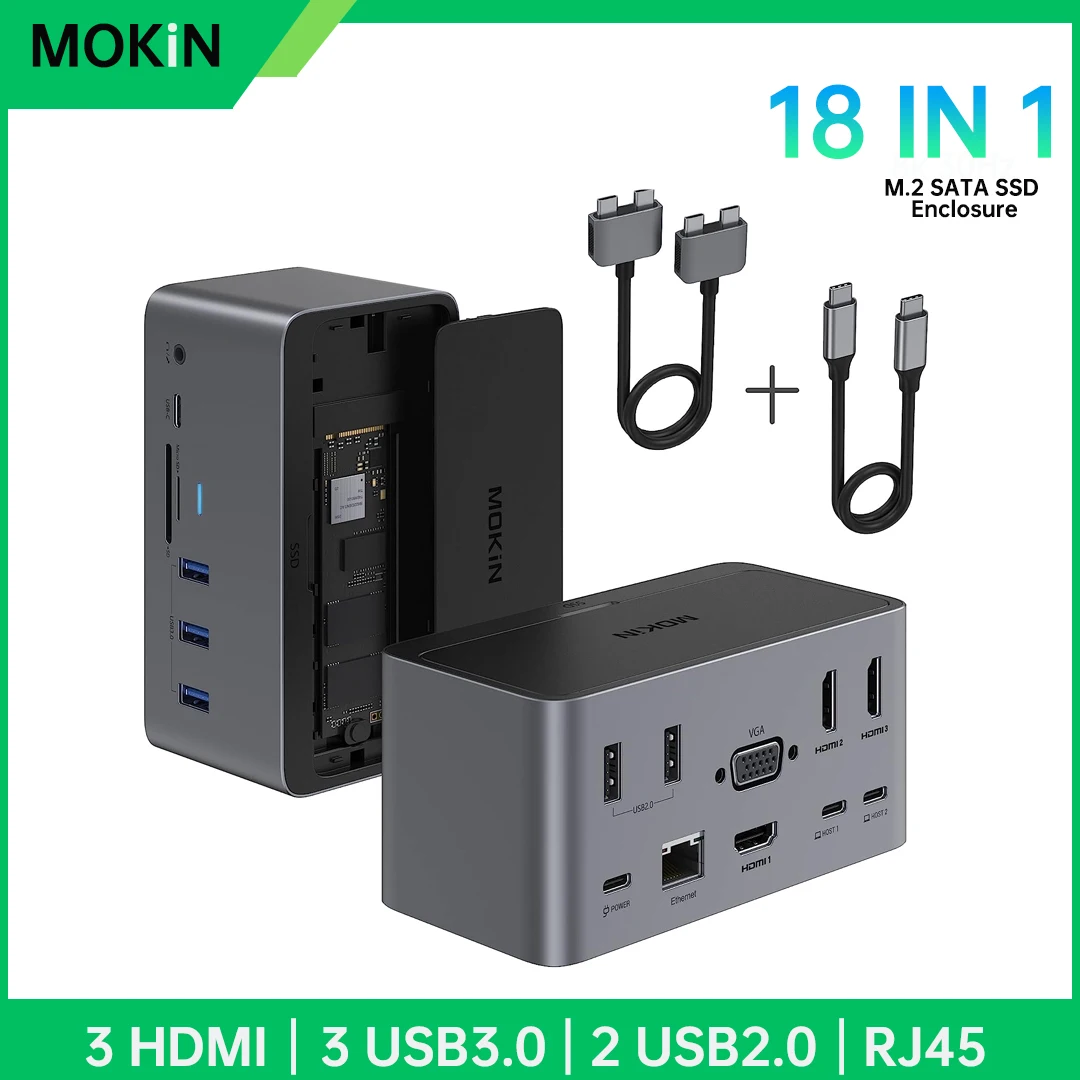 Док-станция MOKiN 18 в 1 от USB C до двойного адаптера HDMI SD/TF, VGA, PD100W, RJ45, Thunderbolt 3, корпус SSD, для MacBook Pro /Air0