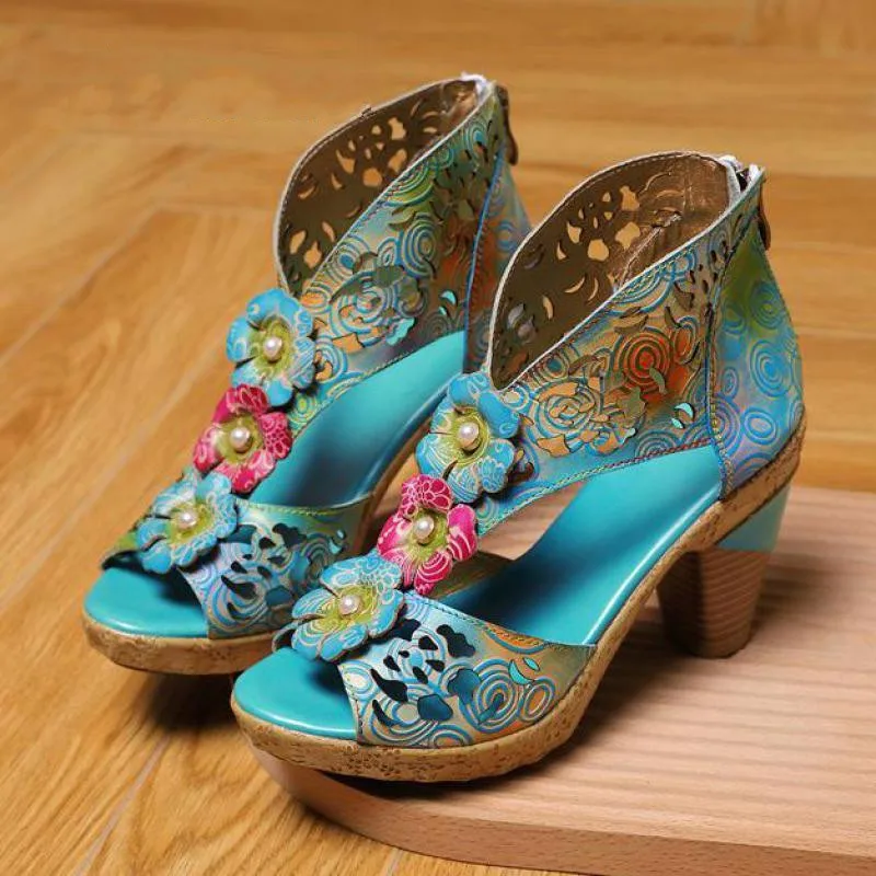 Женская обувь в стиле ретро Босоножки на платформе модные разноцветные туфли из натуральной кожи на молнии 2024 г. Новые женские босоножки ручной работы с цветочным шитьем0