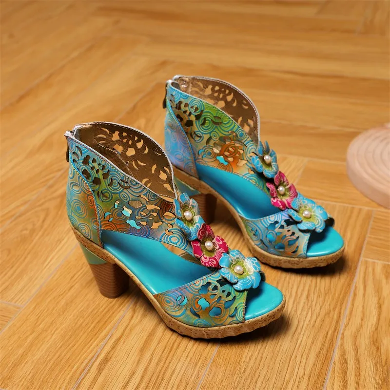 Женская обувь в стиле ретро Босоножки на платформе модные разноцветные туфли из натуральной кожи на молнии 2024 г. Новые женские босоножки ручной работы с цветочным шитьем1