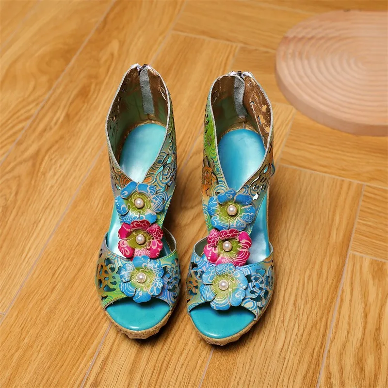 Женская обувь в стиле ретро Босоножки на платформе модные разноцветные туфли из натуральной кожи на молнии 2024 г. Новые женские босоножки ручной работы с цветочным шитьем2