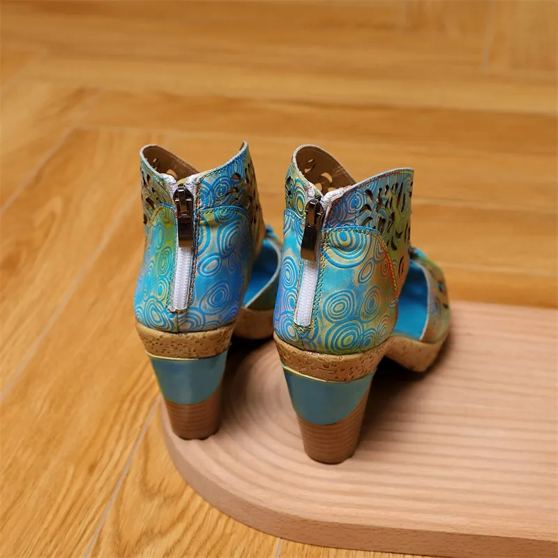 Женская обувь в стиле ретро Босоножки на платформе модные разноцветные туфли из натуральной кожи на молнии 2024 г. Новые женские босоножки ручной работы с цветочным шитьем3