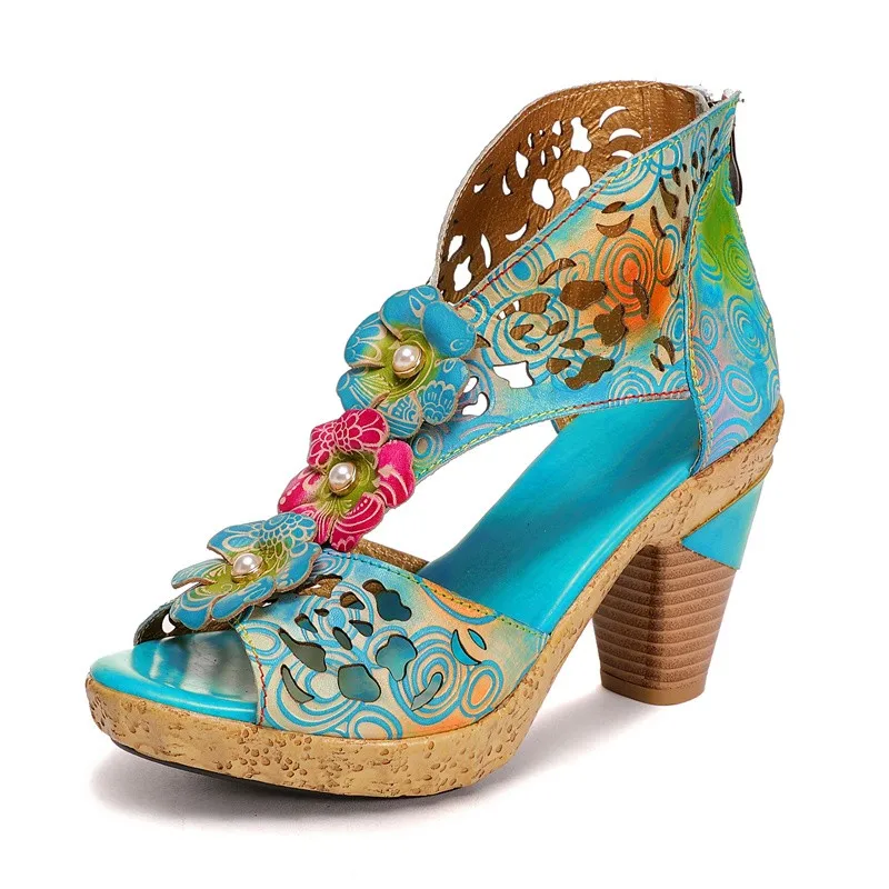 Женская обувь в стиле ретро Босоножки на платформе модные разноцветные туфли из натуральной кожи на молнии 2024 г. Новые женские босоножки ручной работы с цветочным шитьем5