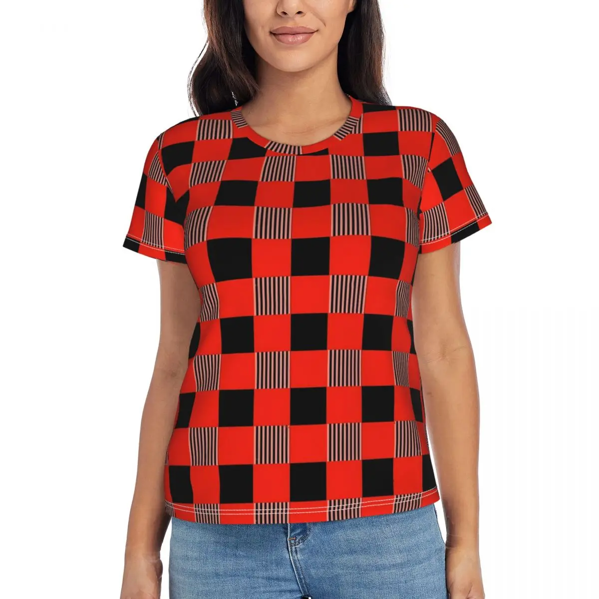 Женская футболка Пляжная футболка в жесткую клетку Красная и черная Y2K Современные футболки с коротким рукавом Уличная одежда Дизайн Негабаритных топов0