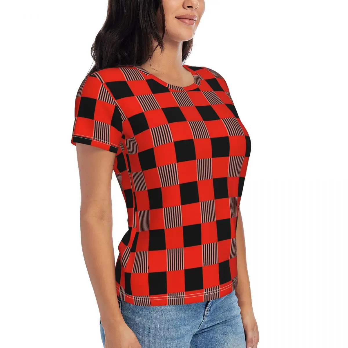 Женская футболка Пляжная футболка в жесткую клетку Красная и черная Y2K Современные футболки с коротким рукавом Уличная одежда Дизайн Негабаритных топов1
