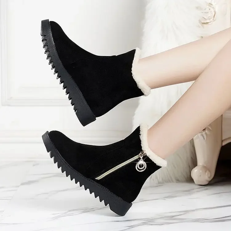 Женские зимние ботинки 2023 года; теплая плюшевая хлопчатобумажная обувь; Модные туфли на танкетке в простом стиле; повседневные однотонные мужские ботинки;0