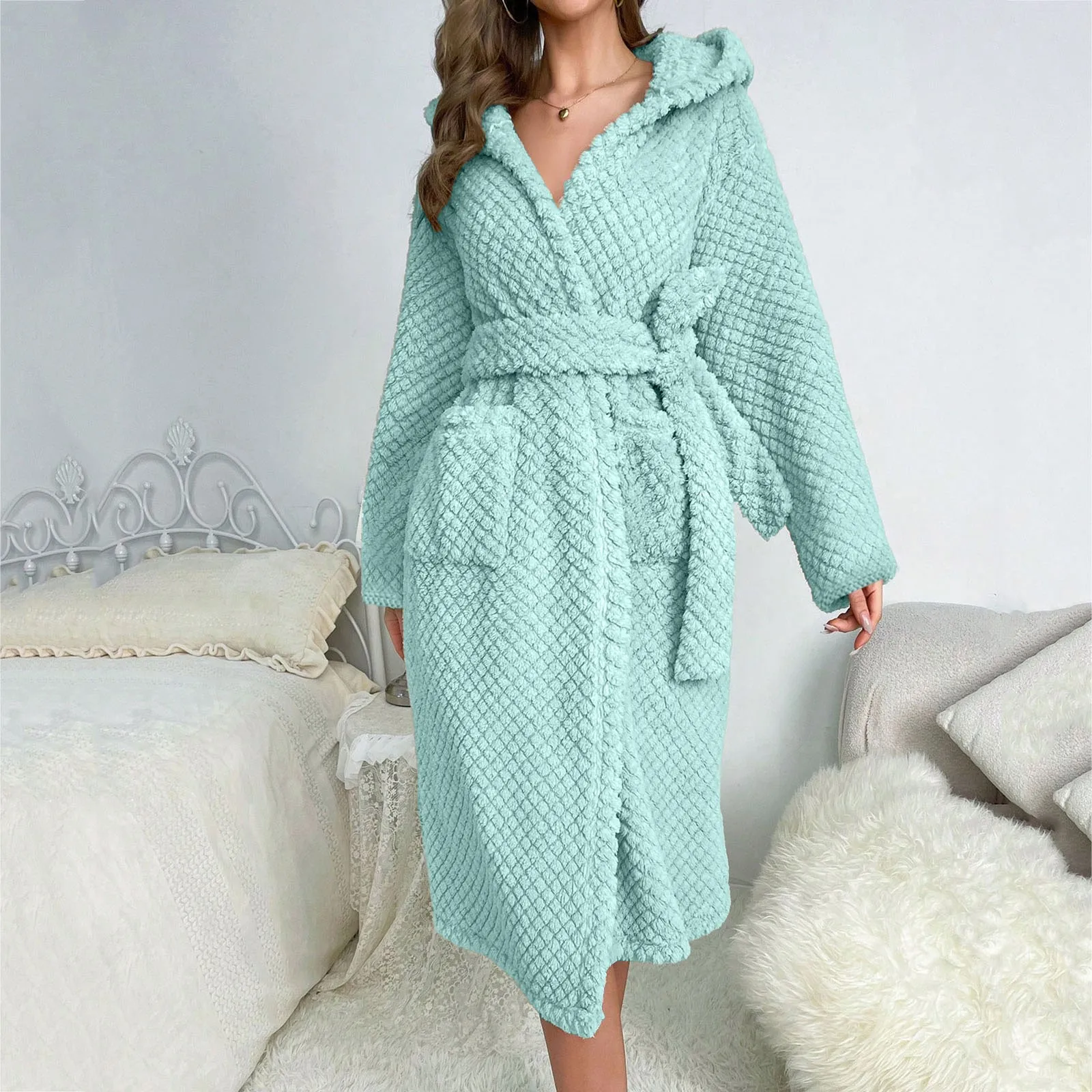 Женский коралловый плюшевый Мягкий Удобный халат с капюшоном, женский влагопоглощающий халат большого размера, свободный, утолщенная теплая домашняя одежда3