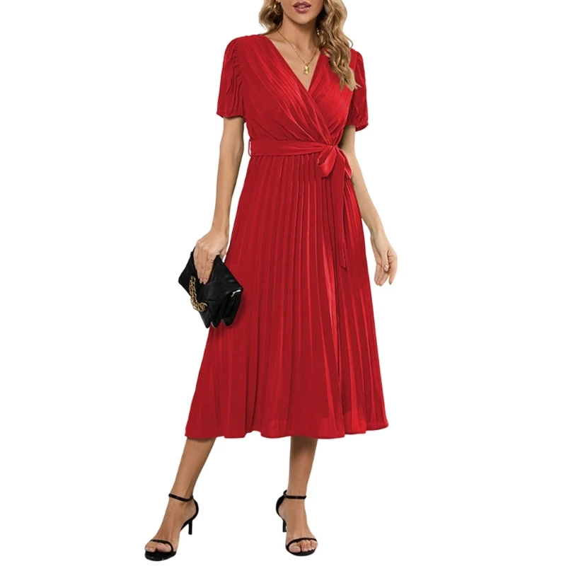Женское летнее платье с коротким рукавом и V-образным вырезом, завязкой на талии, Однотонное плиссированное Расклешенное длинное платье-качалка2