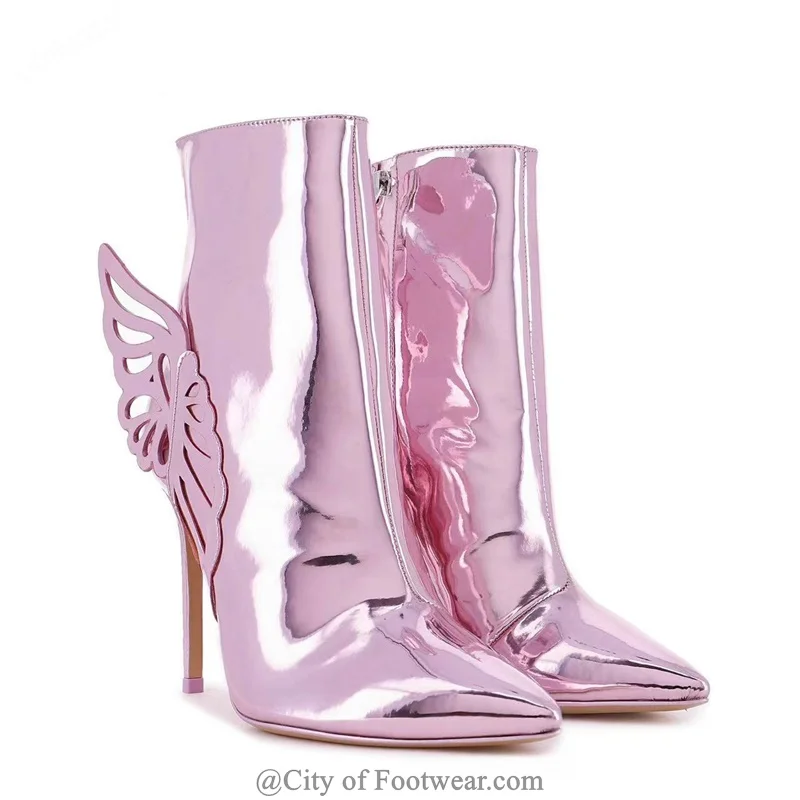 Золотистые / Розовые ботильоны с крыльями бабочки из металлизированной кожи с острым носком на высоких каблуках, Пинетки на молнии, Роскошная женская обувь для вечеринок большого размера3
