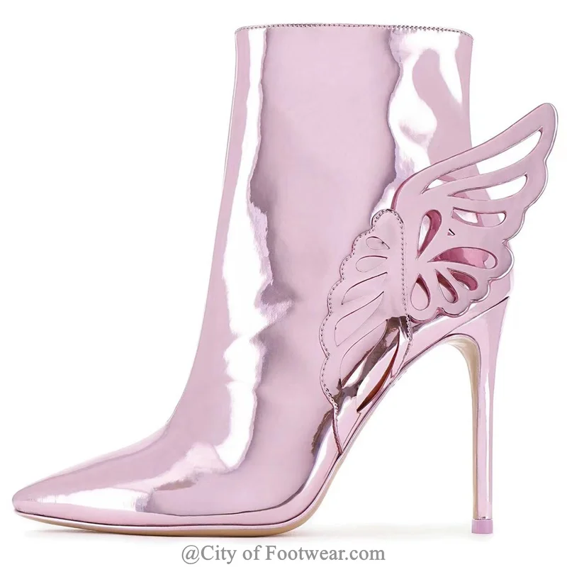 Золотистые / Розовые ботильоны с крыльями бабочки из металлизированной кожи с острым носком на высоких каблуках, Пинетки на молнии, Роскошная женская обувь для вечеринок большого размера4