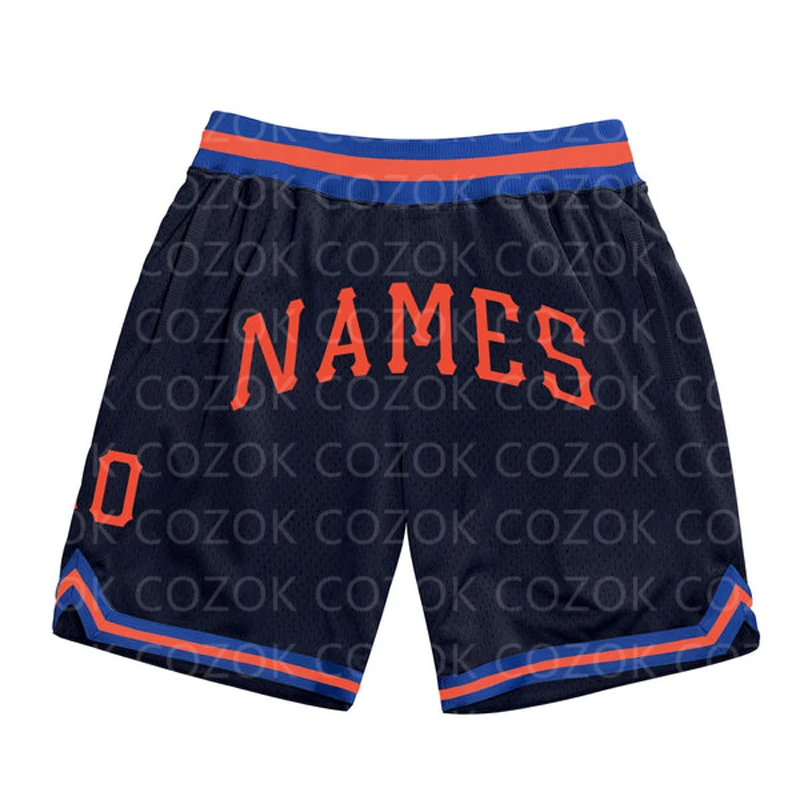 Изготовленные на заказ черно-сине-оранжевые аутентичные баскетбольные шорты с 3D принтом, мужские шорты с вашим именем, быстросохнущие пляжные шорты Mumber0