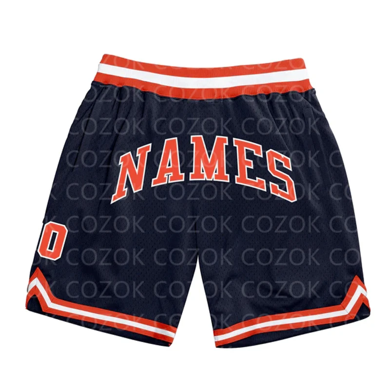 Изготовленные на заказ черно-сине-оранжевые аутентичные баскетбольные шорты с 3D принтом, мужские шорты с вашим именем, быстросохнущие пляжные шорты Mumber2