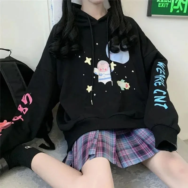 Корейский модный свитшот для женщин в японском стиле, в стиле колледжа, мягкий свободный топ с принтом букв из мультфильма для девочек, модный тонкий стиль0