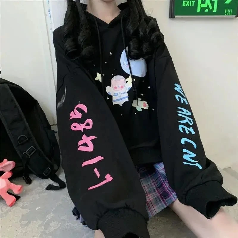 Корейский модный свитшот для женщин в японском стиле, в стиле колледжа, мягкий свободный топ с принтом букв из мультфильма для девочек, модный тонкий стиль3