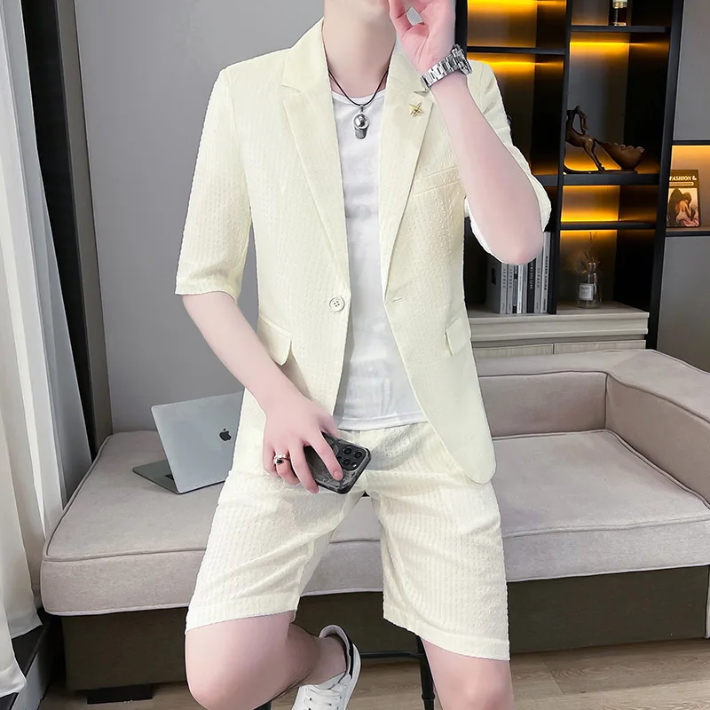 Корейский Приталенный Модный Повседневный Дышащий костюм со Средним рукавом 2023 года, комплект из брюк длиной Пять четвертей, Мужской повседневный костюм 