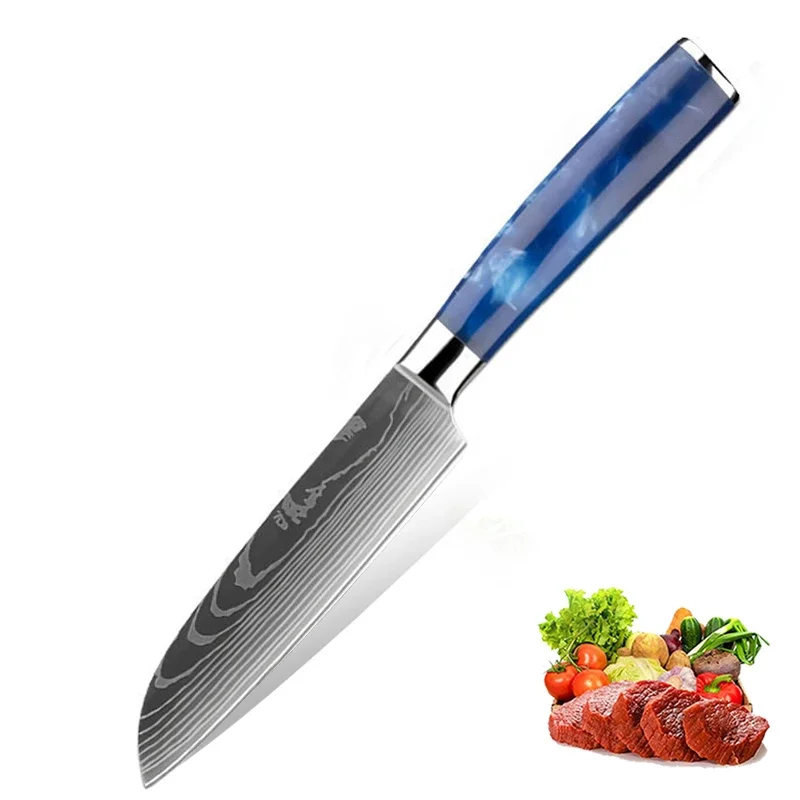 Кухонный нож с Дамасским узором Профессиональный Нож шеф-повара Японский Нож Сантоку Нож для нарезки мяса Нож для нарезки фруктов с косточками5