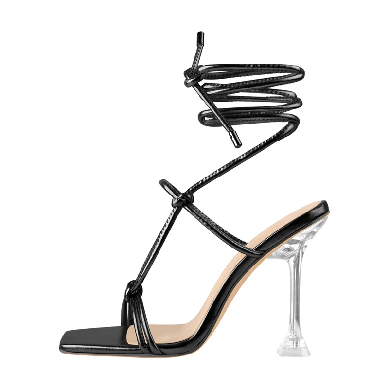 Летние женские босоножки Onlymaker с квадратным носком, золотисто-черные, с перекрестным ремешком на щиколотке, элегантные туфли на высоком каблуке из прозрачного металла большого размера3