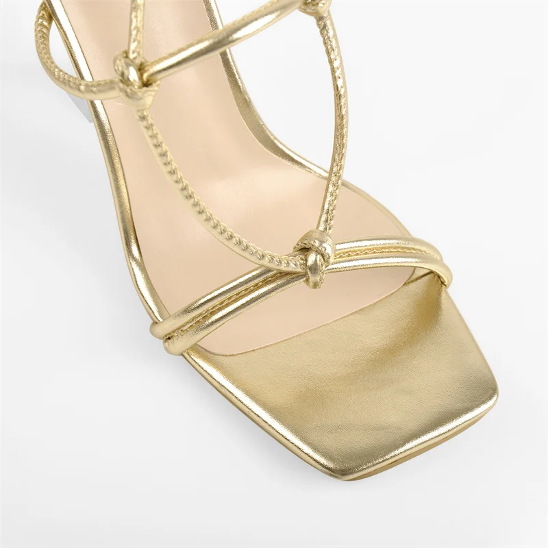 Летние женские босоножки Onlymaker с квадратным носком, золотисто-черные, с перекрестным ремешком на щиколотке, элегантные туфли на высоком каблуке из прозрачного металла большого размера4
