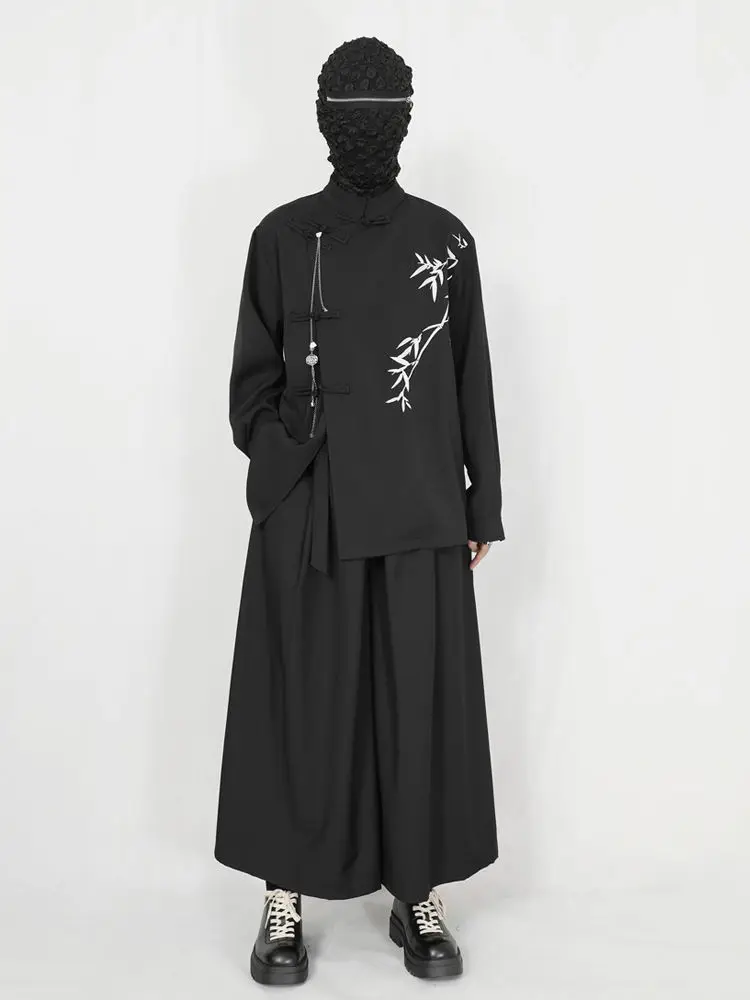Мужская рубашка со стоячим воротником в китайском стиле в стиле ретро, нишевая, на пуговицах, с бамбуковой вышивкой, черный топ Hanfu свободного кроя с длинными рукавами5