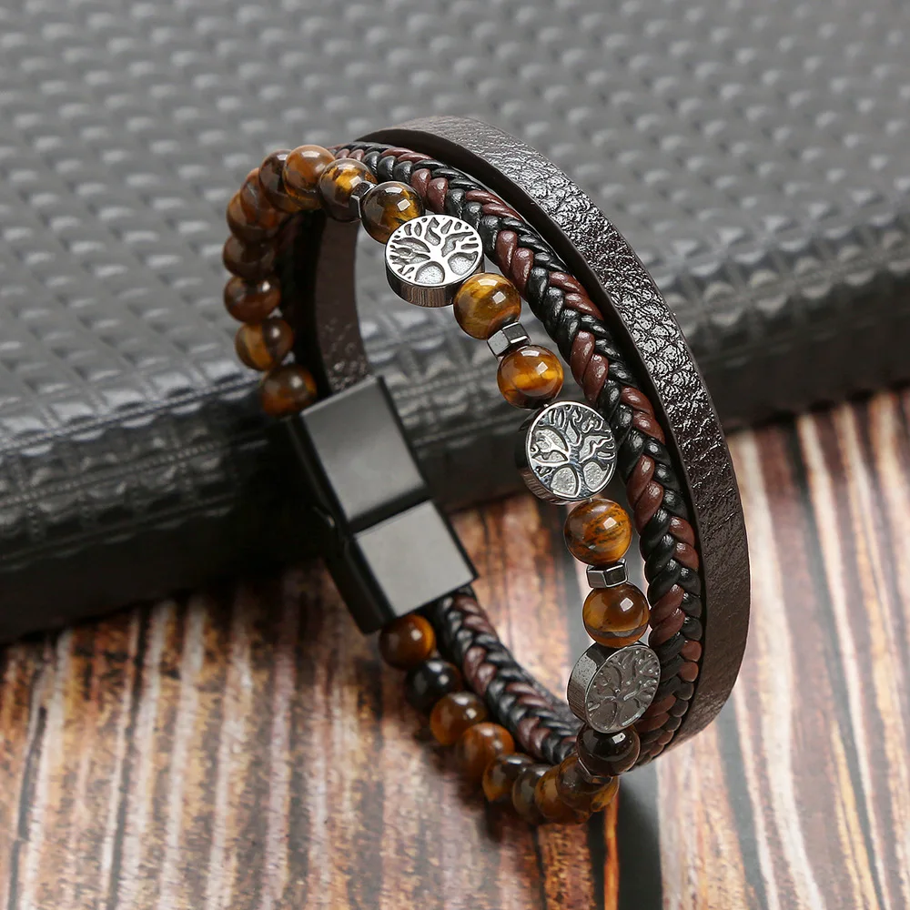 Мужской кожаный браслет с магнитной застежкой из сплава, многослойный плетеный кожаный браслет из бисера, винтажная простота, браслеты Викингов Mujer1
