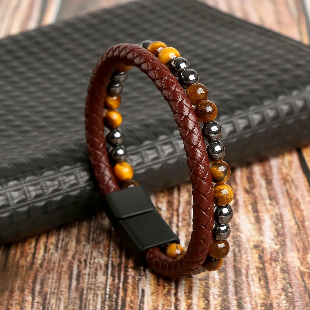 Мужской кожаный браслет с магнитной застежкой из сплава, многослойный плетеный кожаный браслет из бисера, винтажная простота, браслеты Викингов Mujer2