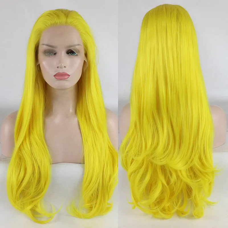 Парик из синтетического кружева с естественной волной Спереди Желтый Бесклеевой из высококачественного термостойкого волокна, предварительно выщипанный по линии роста волос для женщин0
