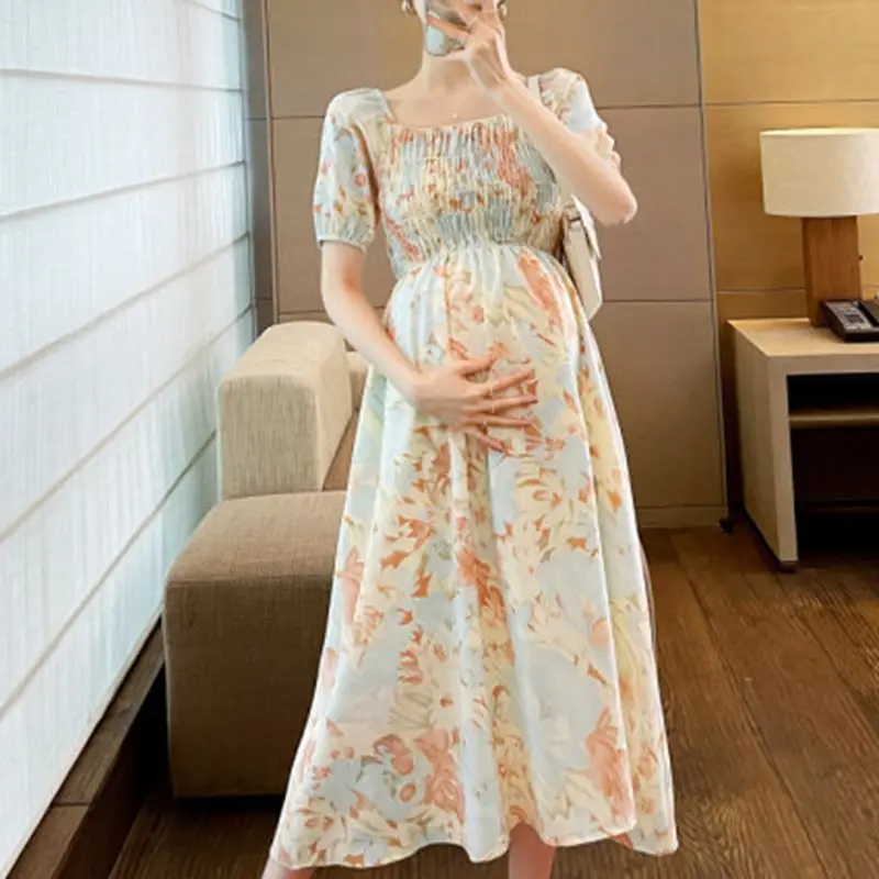 Платье с цветочным рисунком для беременных Летняя одежда Для беременных Платья с квадратным воротником и эластичным поясом С коротким рукавом Для беременных1
