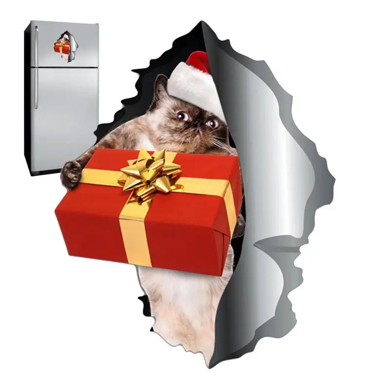 Рождественские наклейки на холодильник Автомобильные наклейки Рождественская наклейка с котом Наклейка на холодильник Магнит Магнитные автомобильные наклейки 3D наклейка с трещинами0